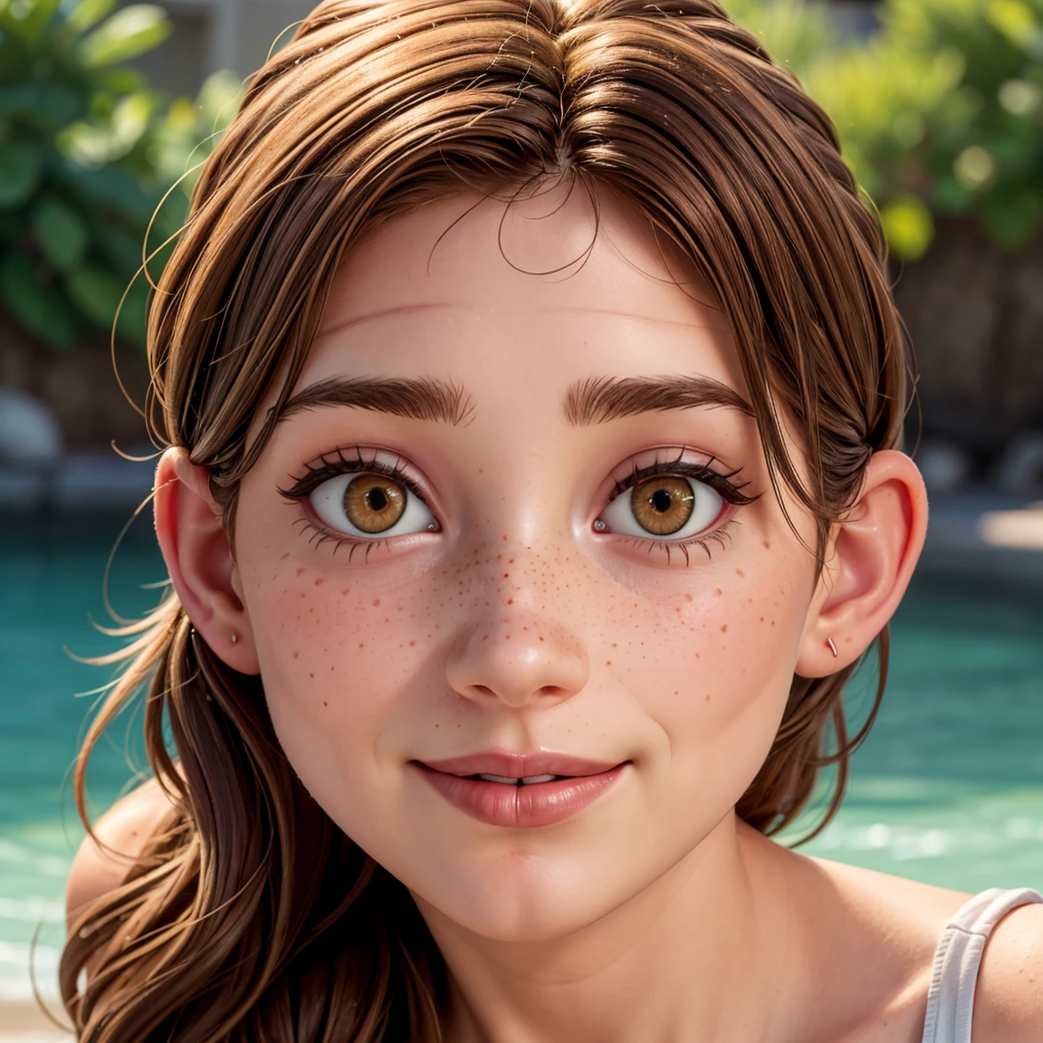 Ultra-realistic full-face, full-body photorealistic image of a 34-year-old goddess with a beautiful face, with deep brown eyes that captivate anyone who meets them. Her short brown hair falls gracefully, framing her face with elegance. Full lips paint a smile. His face is adorned with one or more spots, adding a touch of mystery and charm. Light freckles give a playful and natural look to your appearance, giving you an aura of freshness. Her beauty is a harmonious blend of unique and captivating features, making her irresistibly attractive.