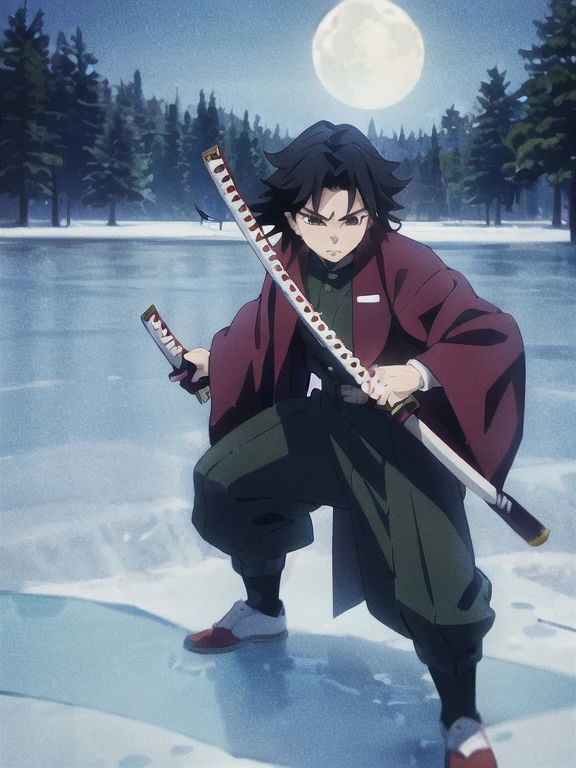 tomioka giyuu, katana stance, in midle of a frozen lake, detailed face, serious, air flow, scenery, forest in far distance, full body, full moon, male focus, absolutely calm