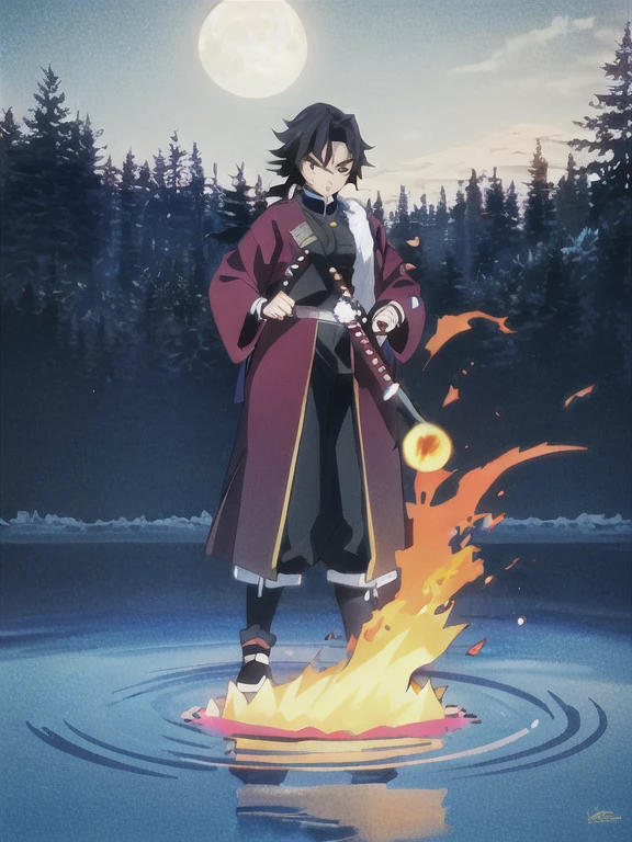tomioka giyuu, katana stance, in midle of a frozen lake, detailed face, serious, air flow, scenery, forest in far distance, full body, full moon, male focus, absolutely calm