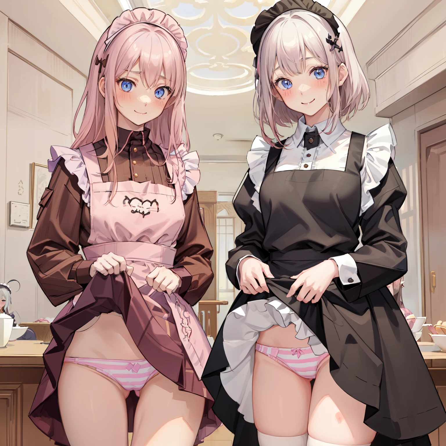 highest quality、masterpiece、((2 girls:1.5))、((smile:1.3))、(blush:1.3)、Black Shirt、blouse、((fun!!))、(Small breasts)、()、Blonde、(Long sleeve)、((White apron:1.5))、((Maid))、((hair ornaments)),、Kamimei、look at me、 ((in house:1.5))、 Taking a break from watching the audience、Cowboy Shot、(Skirt lift:1.3),(Highly detailed pink striped panties:1.3)、(Highly detailed panties:1.3)、、(スカート that rolls up:1.3)、(Panties fully exposed:1.5)、Light blue eyes、long hair、Glowing Eyes