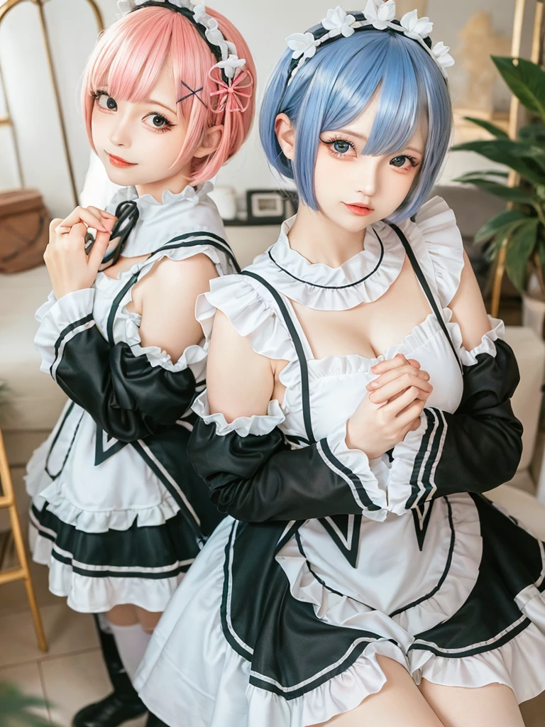(8K, Photorealistic, Raw photo, of the highest quality: 1.3), (1girl in), Super beautiful, (Realistic face), (boyish, light blue Color Berry Shorthair),(8K, Photorealistic, Raw photo, of the highest quality: 1.3), (1girl in), Super beautiful, (Realistic face), (boyish, pink Color Berry Shorthair), Beautiful , Glare that captivates the viewer, Beautiful expression, Beautiful breasts, (Realistic skin), Be...Create a detailed and colorful image of Ram and Rem from Re:Zero, standing back-to-back in their maid outfits, with a magical fantasy background、14years old, two girls,cute, perfect face, beautiful, nice body, gothic lolita clothes, gothic lolita fashion, frilly skirt, headdress, necklace, bracelet, knee-high socks, boots, double eyelids, tear bags, Detailed down to the fingers, photo-like description, indoors, dim indoor lighting, one girl is pink hair and short bob, another girl is light blue hair and short bob,standing, whole body, composition that shows the whole body, smiling,The Both of them are wearing the same type of maid outfit