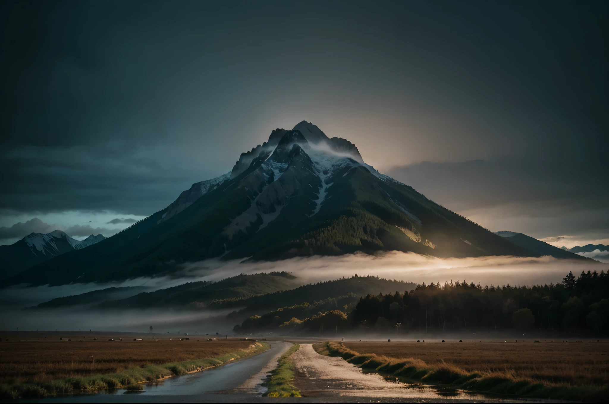 Large mountain, ground view, far view, night time, mountain fogus, big planet on sky,The sky is foggy.，nightmare vision， Dark fantasy storyline，Perfect and wonderful composition，8k resolution，details，rain path，moisture，Water stains，Take a very wide angle photo.，Jack Guzman&#39;s environmental art photography，realistically，movie elements，Volumetric illumination，brightness, Detailed, dramatic sky, Multi-colored clouds floating.，true to life, clear public space, flawless perfection, SLR digital camera, 16k, 1024, 2048, 4096, Detailed, sharp, best quality, มีHigh quality, nonsense，Driverless background，which has many details、Shadows with details，Trends on artstation、complicated、high details、Dramaidjourney art（Volumetric illumination：1.2）shot in hdr。（Distant view，super deep view，ultra wide angle，Microfocal length lens：1.2）（realistically：1.4）Masterpiece、High quality、Beautiful photography、world class illumination.,full colour+mood and tone, IMAX cameras., national geographic, photography,Lord of the Rings style, Polaroid, high-detail realistic 8k full HD.