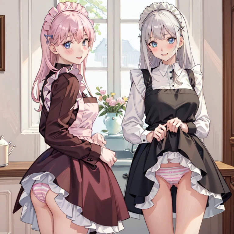 highest quality、masterpiece、((2 girls:1.5))、((smile:1.3))、(blush:1.3)、Black Shirt、blouse、((fun!!))、(Small breasts)、()、Blonde、(Long sleeve)、((White apron:1.5))、((Maid))、((hair ornaments)),、Kamimei、look at me、 ((in house:1.5))、 Taking a break from watching the audience、Cowboy Shot、(Skirt lift:1.3),(Highly detailed pink striped panties:1.3)、(Highly detailed panties:1.3)、、(スカート that rolls up:1.3)、(Panties fully exposed:1.5)、Light blue eyes、long hair、Glowing Eyes