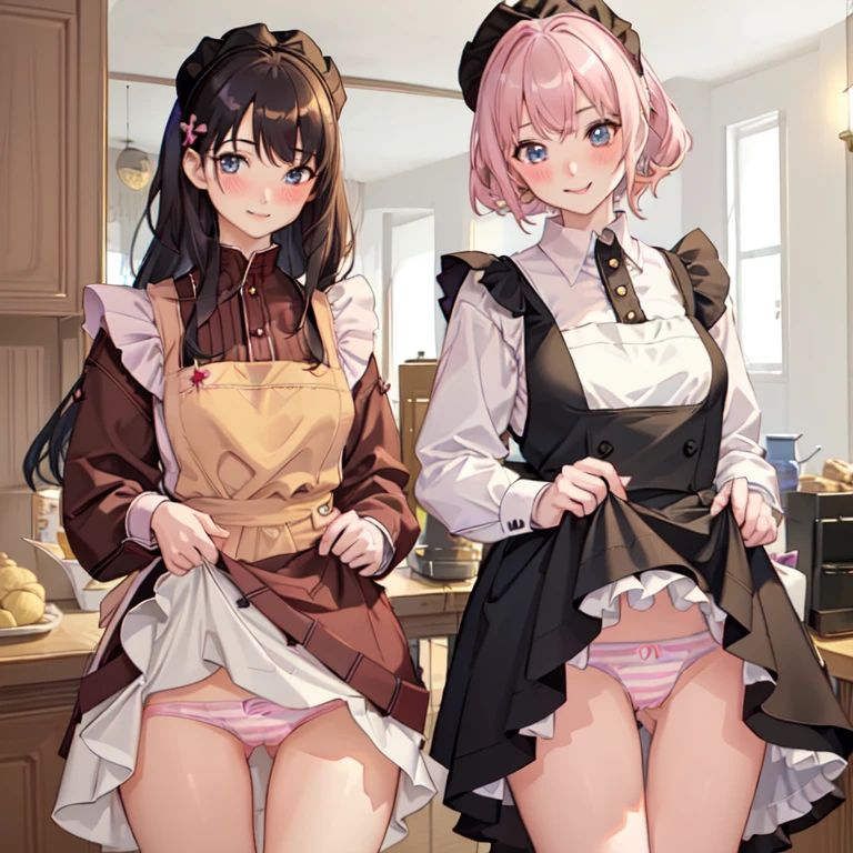 highest quality、masterpiece、((2 girls:1.5))、((smile:1.3))、(blush:1.3)、Black Shirt、blouse、((fun!!))、(Small breasts)、()、Blonde、(Long sleeve)、((White apron:1.5))、((Maid))、((hair ornaments)),、Kamimei、look at me、 ((in house:1.5))、 Taking a break from watching the audience、Cowboy Shot、(Skirt lift:1.3),(Highly detailed pink striped panties:1.3)、(Highly detailed panties:1.3)、、(スカート that rolls up:1.3)、(Panties fully exposed:1.5)、Light blue eyes、long hair、Glowing Eyes