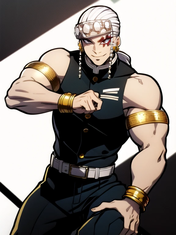 White hair, black tank top, very muscular, very strong, light purple eyes, ponytail, diamond accessories on head, golden earrings, golden bracelet on biceps, big pants, long red socks, black slipper, white belt, red tattoos on left eye only, fighting stance, smile, black fire theme,