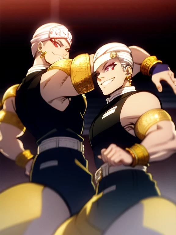 White hair, black tank top, very muscular, very strong, light purple eyes, ponytail, diamond accessories on head, golden earrings, golden bracelet on biceps, big pants, long red socks, black slipper, white belt, red tattoos on left eye only, fighting stance, smile, black fire theme,