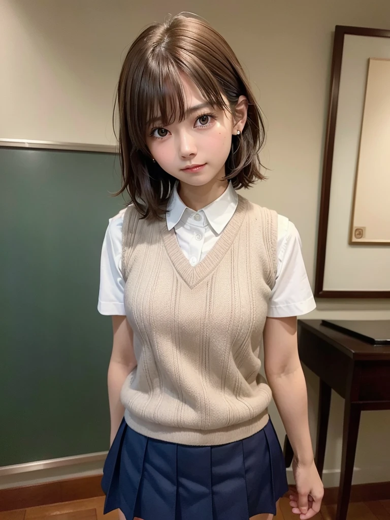 Masterpiece, Top Quality, Top Mikoto, brown eyes, short hair, small breasts, looking at viewer, alone, closed mouth, collared shirt, beige knit vest, dark blue  Skirt, school_uniform, shirt, white_shirt, classroom,Masterpiece, highest quality, 8K, detailed skin texture, fine cloth texture, beautiful detailed face, intricate details, super detailed,cute,cute posing,composition that shows the whole body,