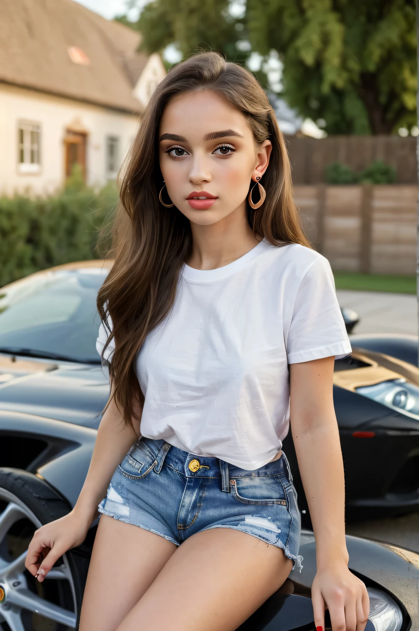 (best quality,masterpiece:1.2),high quality, (realistic:1.4), original image, (street evening), 1 girl, black eyes, captivating gaze, long hair, light makeup, detailed lips, small ears, white t-shirt, denim shorts, earrings, sitting in a Ferrari, medium build, neat, garden