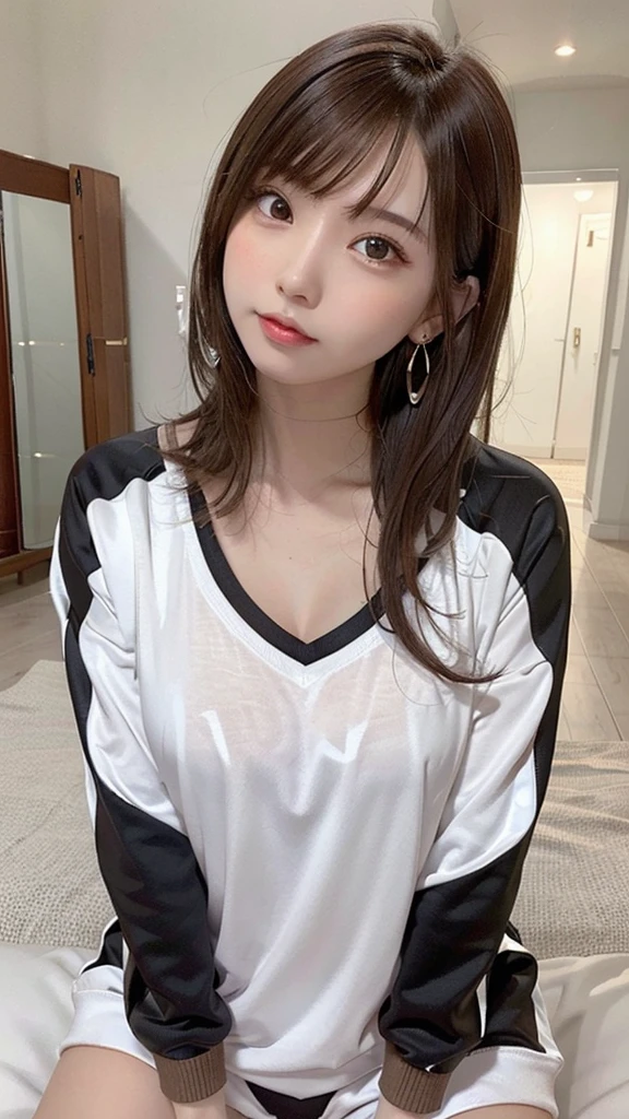 1 female, Brown Hair,Brown eyes, Delicate face, cute, Love Earrings, Tracksuit top and bottom, Playful, Ultra HD, masterpiece, highest quality, Super detailed, Accurate,