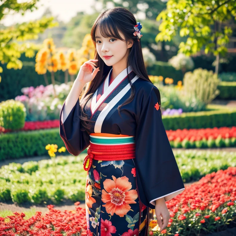 1 girl,Bright and beautiful demeanor, Long hair floats up,blown up, The sun shines brightly., sexy, flower garden, Red, black, dark blue, traditional kimono,, Masterpiece, best quality, Highly detailed 16k,  Take photos with a high quality camera 45,000,000 pixels