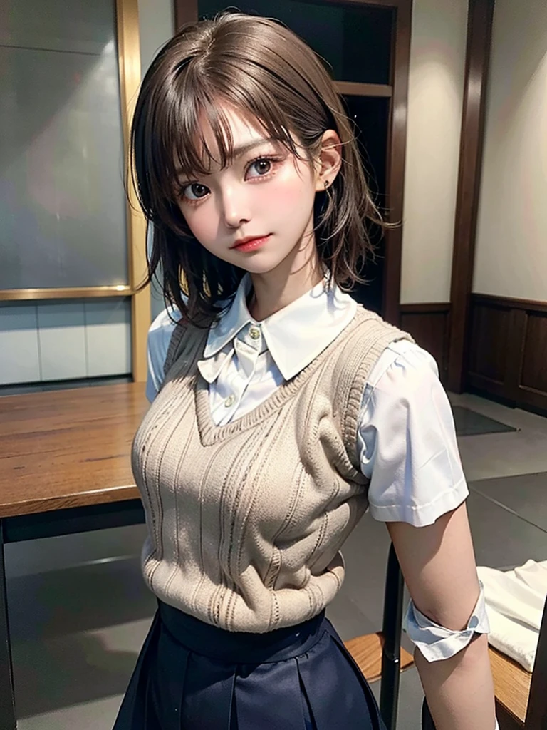 Masterpiece, Top Quality, Top Mikoto, brown eyes, short hair, small breasts, looking at viewer, alone, closed mouth, collared shirt, beige knit vest, dark blue  Skirt, school_uniform, shirt, white_shirt, classroom,Masterpiece, highest quality, 8K, detailed skin texture, fine cloth texture, beautiful detailed face, intricate details, super detailed,cute,cute posing,composition that shows the whole body,