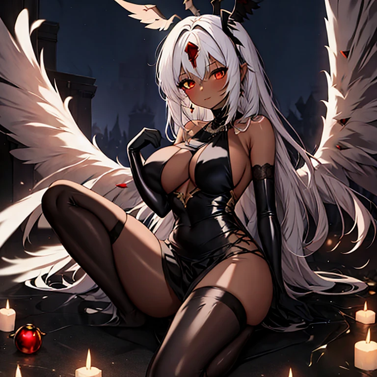 (masterpiece, best quality:1.2), 1 girl, alone, Dark skin with tan, White hair, Red jewel headdress, Wing Hairpin, Black wings, White wings, Gray Wings,