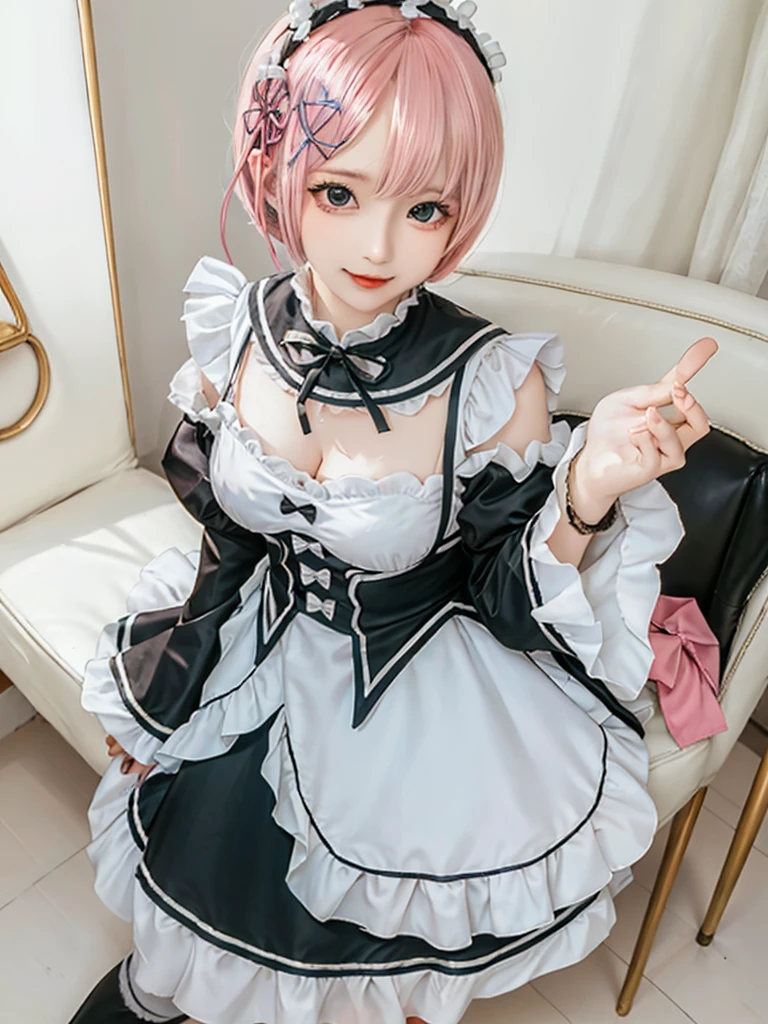 (8K, Photorealistic, Raw photo, of the highest quality: 1.3), (1girl in), Super beautiful, (Realistic face), (boyish, light blue Color Berry Shorthair),(8K, Photorealistic, Raw photo, of the highest quality: 1.3), (1girl in), Super beautiful, (Realistic face), (boyish, pink Color Berry Shorthair), Beautiful , Glare that captivates the viewer, Beautiful expression, Beautiful breasts, (Realistic skin), Be...Create a detailed and colorful image of Ram and Rem from Re:Zero, standing back-to-back in their maid outfits, with a magical fantasy background、14years old, two girls,cute, perfect face, beautiful, nice body, gothic lolita clothes, gothic lolita fashion, frilly skirt, headdress, necklace, bracelet, knee-high socks, boots, double eyelids, tear bags, Detailed down to the fingers, photo-like description, indoors, dim indoor lighting, one girl is pink hair and short bob, another girl is light blue hair and short bob,standing, whole body, composition that shows the whole body, smiling,The Both of them are wearing the same type of maid outfit