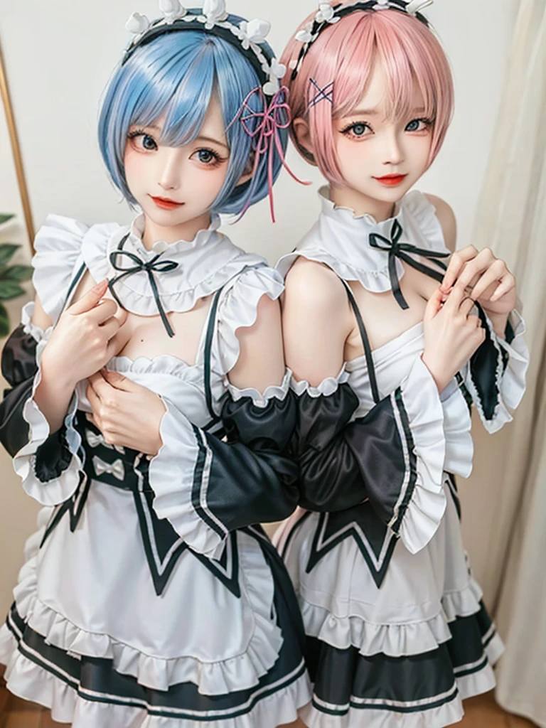 (8K, Photorealistic, Raw photo, of the highest quality: 1.3), (1girl in), Super beautiful, (Realistic face), (boyish, light blue Color Berry Shorthair),(8K, Photorealistic, Raw photo, of the highest quality: 1.3), (1girl in), Super beautiful, (Realistic face), (boyish, pink Color Berry Shorthair), Beautiful , Glare that captivates the viewer, Beautiful expression, Beautiful breasts, (Realistic skin), Be...Create a detailed and colorful image of Ram and Rem from Re:Zero, standing back-to-back in their maid outfits, with a magical fantasy background、14years old, two girls,cute, perfect face, beautiful, nice body, gothic ta clothes, gothic loliashion, frilly skirt, headdress, necklace, bracelet, knee-high socks, boots, double eyelids, tear bags, Detailed down to the fingers, photo-like description, indoors, dim indoor lighting, one girl is pink hair and short bob, another girl is light blue hair and short bob,standing, whole body, composition that shows the whole body, smiling,The Both of them are wearing the same type of maid outfit