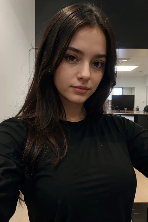 Selfie of a girl of European appearance. Wearing a black shirt and showing full appearance