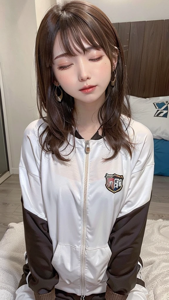 1 female, Brown Hair,Brown eyes, Delicate face, cute, Love Earrings, Tracksuit top and bottom, Playful, Ultra HD, masterpiece, highest quality, Super detailed, Accurate,one eye closed,