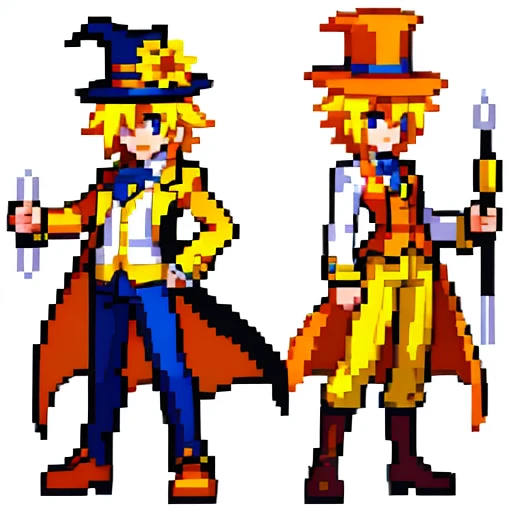 Pixel art, full body, facing left (important), short blonde hair, yellow and orange, holding a cane, magical girl, yellow top hat, tuxedo, boots. Hair color: bright blonde.
Eye color: Large blue eyes.
Clothes: Costumes that emphasize yellow and orange.
Top: He is wearing an orange jacket, and a yellow vest under the jacket.
Shirt: He wears a white shirt and a green tie.
Pants: white pants.
Shoes: Yellow boots.
Hat: He wears a yellow top hat with a ribbon and flower decoration.
Miscellaneous: The yellow and orange circles in a character's suitcase may indicate the character's color palette.