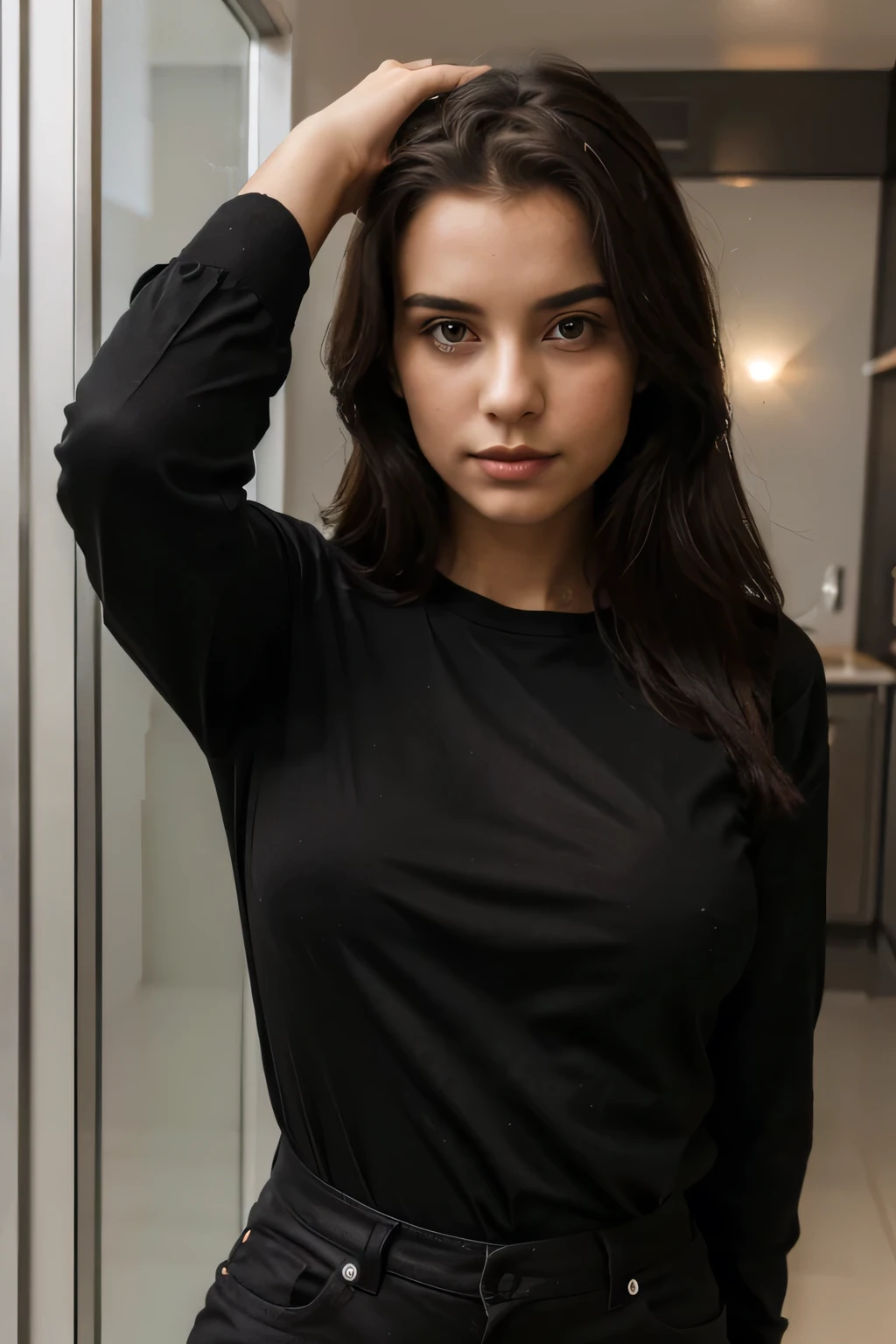 Selfie of a girl of European appearance. Wearing a black shirt and showing full appearance