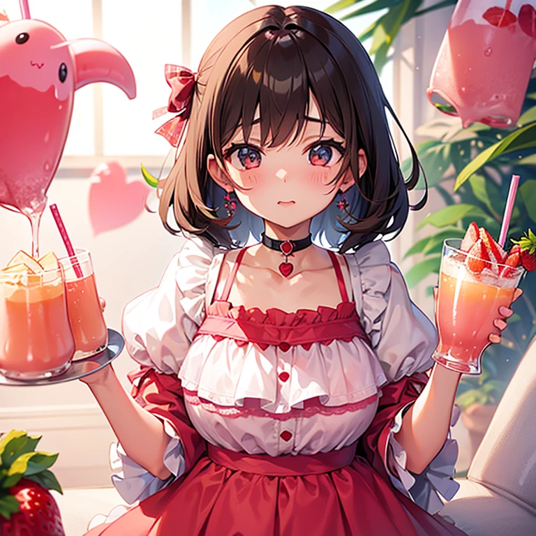 Girl cute . Drink a strawberry milk
