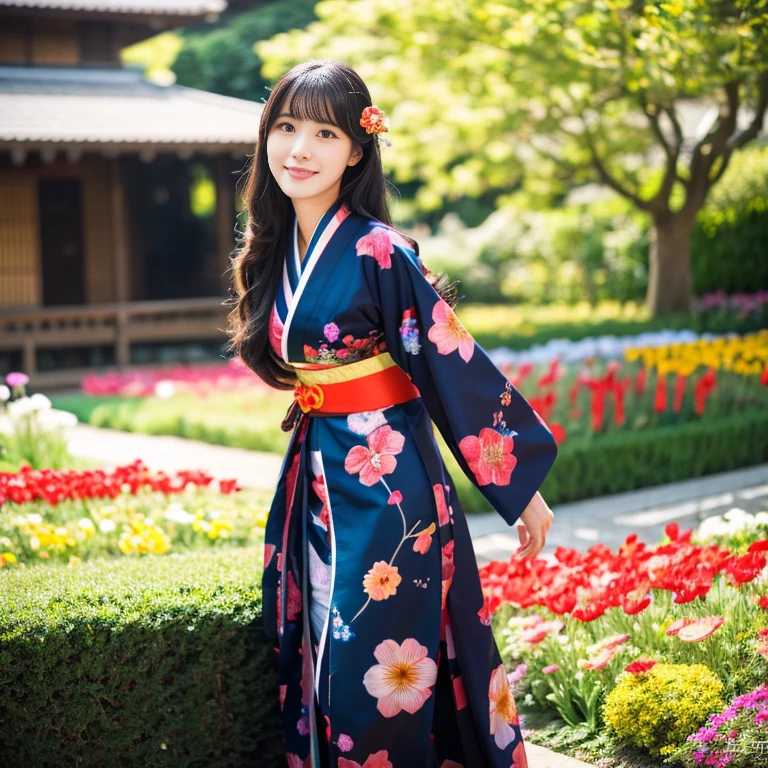 1 girl aged 25-30 years,Bright and beautiful demeanor, Long hair floats up,blown up, The sun shines brightly., sexy, flower garden, Red, black, dark blue, traditional kimono,, Masterpiece, best quality, Highly detailed 16k,  Take photos with a high quality camera 45,000,000 pixels