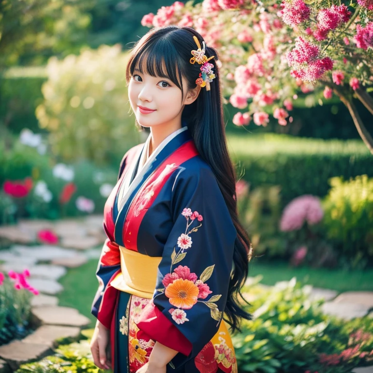 1 girl aged 25-30 years,Bright and beautiful demeanor, Long hair floats up,blown up, The sun shines brightly., sexy, flower garden, Red, black, dark blue, traditional kimono,, Masterpiece, best quality, Highly detailed 16k, Take photos with a high quality camera 45,000,000 pixels
