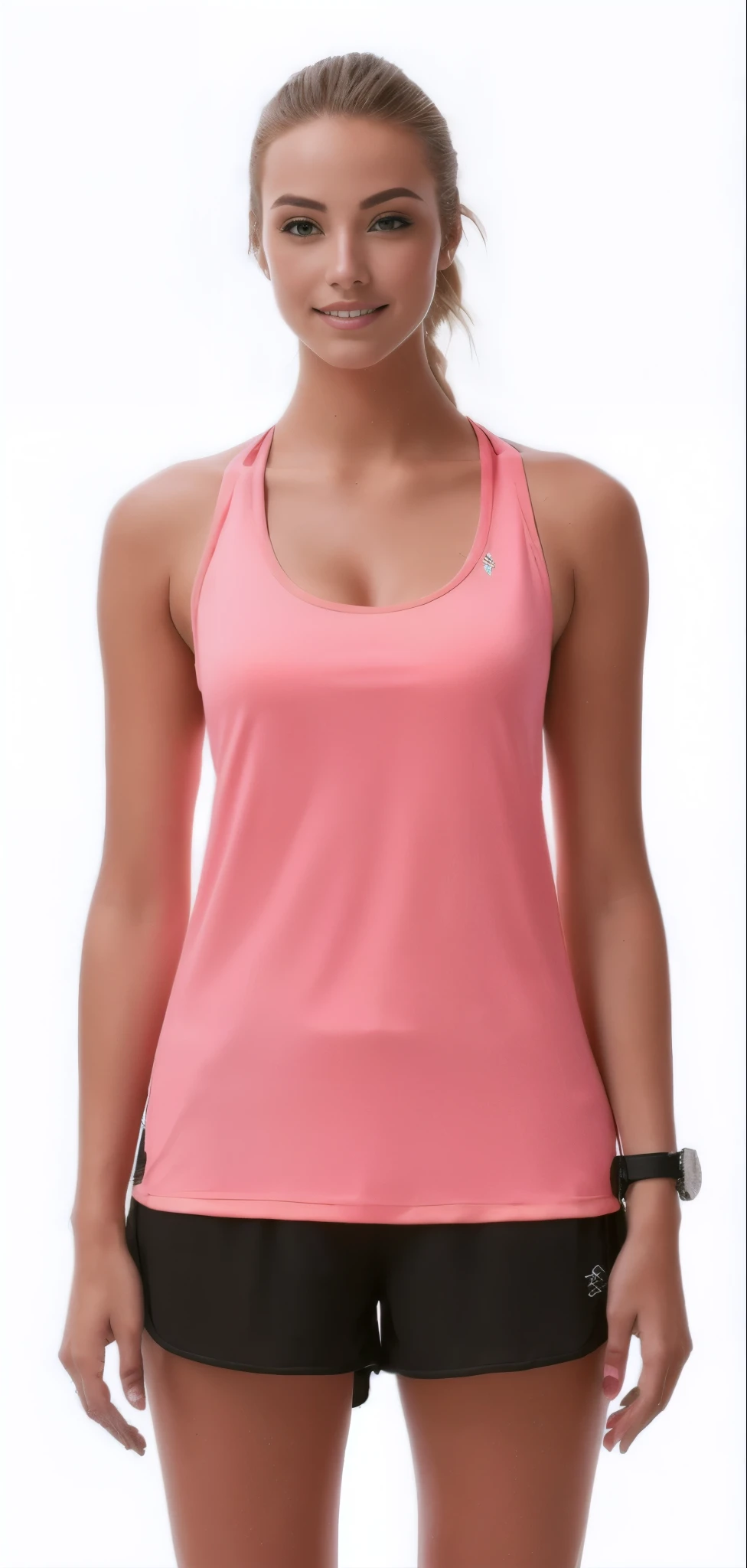 a woman in a pink regata and black shorts, tops sem mangas, regata, regata, tight fitted regata, coral vermelho, Vestindo regata, roupas esportivas, Vestindo a regata, Vestindo : regata, halter neck, coral, top rosa, roupas esportivas, Vestindo regata, Rosa neon, model is Vestindo techtical vest