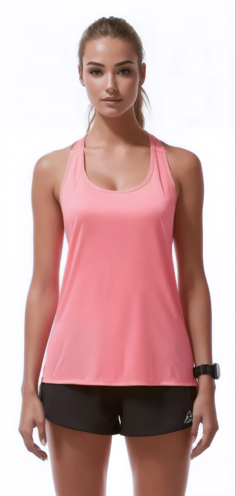 a woman in a pink regata and black shorts, tops sem mangas, regata, regata, tight fitted regata, coral vermelho, Vestindo regata, roupas esportivas, Vestindo a regata, Vestindo : regata, halter neck, coral, top rosa, roupas esportivas, Vestindo regata, Rosa neon, model is Vestindo techtical vest