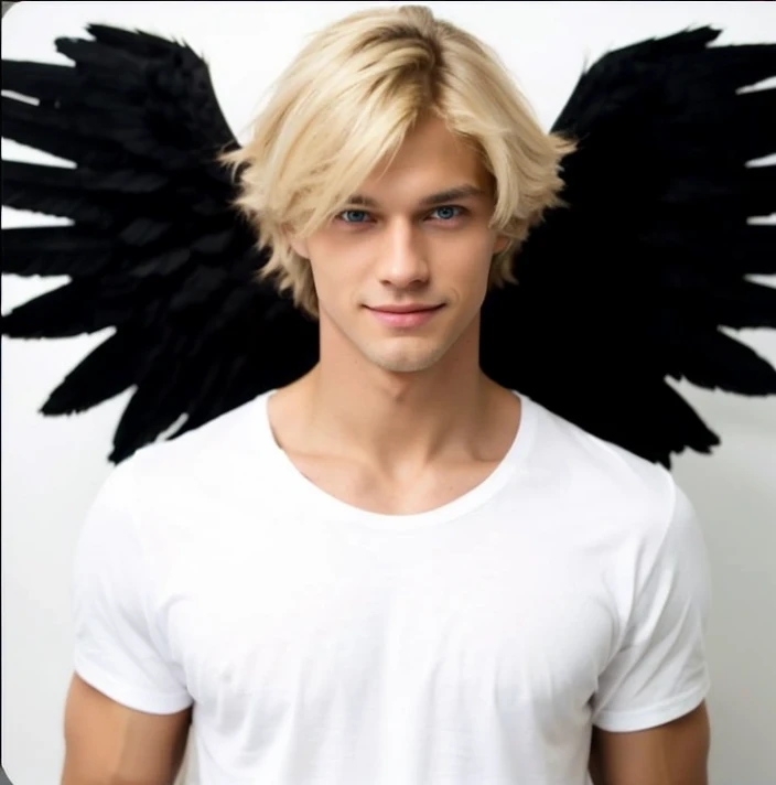 handsome guy, Slim,full length blond, medium length hair, eyes are green, Snide grin, Slightly tanned,white T-shirt with the inscription Angel, black wings behind my back