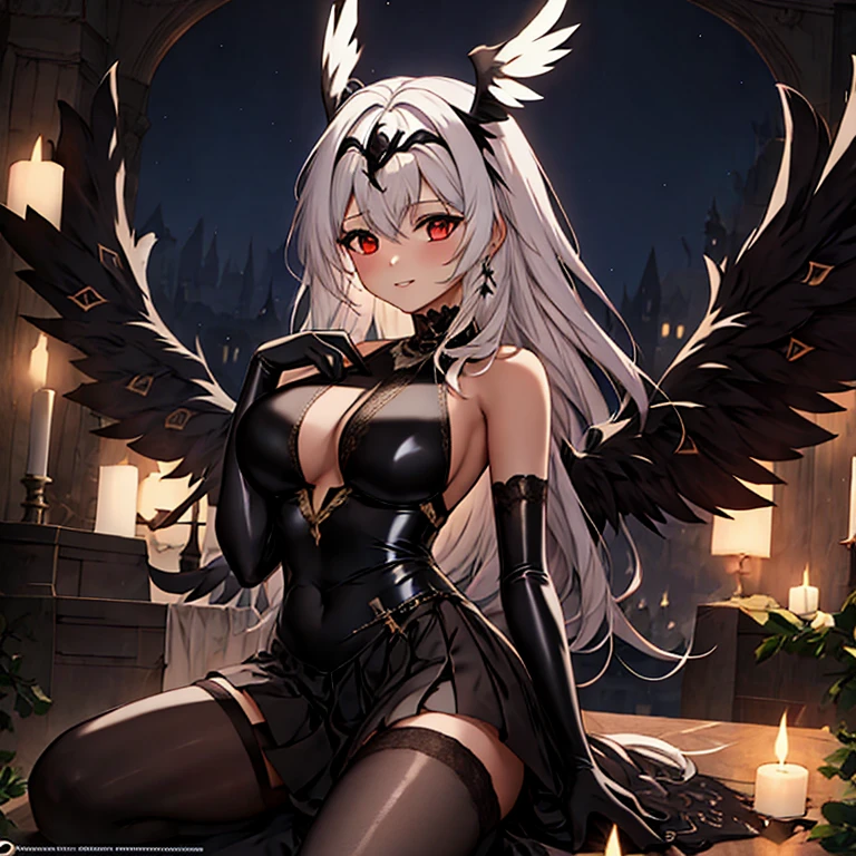 The Stable Diffusion prompt is as follows: "1 girl, alone, white hair, red jewel headdress, wing hairpin, black wings, white wings, gray wings, illustrations, ultra-detailed, vibrant colors, bokeh lighting."

Explanation:
- 1 girl: The main subject of the image is a girl.
- Alone: The girl is depicted in solitude.
- White hair: The girl has white hair.
- Red jewel headdress: She wears a headdress adorned with a red jewel.
- Wing hairpin: The girl wears a hairpin that resembles wings.
- Black wings, white wings, gray wings: The depiction includes wings in various colors, such as black, white, and gray.
- Illustrations: The medium used to create the artwork is illustration.
- Ultra-detailed: The artwork aims to capture intricate details.
- Vibrant colors: The color palette used in the artwork is vibrant and lively.
- Bokeh lighting: The lighting in the image creates bokeh effects, adding depth and a dreamy atmosphere.

Please note that the prompt is provided without any additional explanations and meets the required format and content criteria.