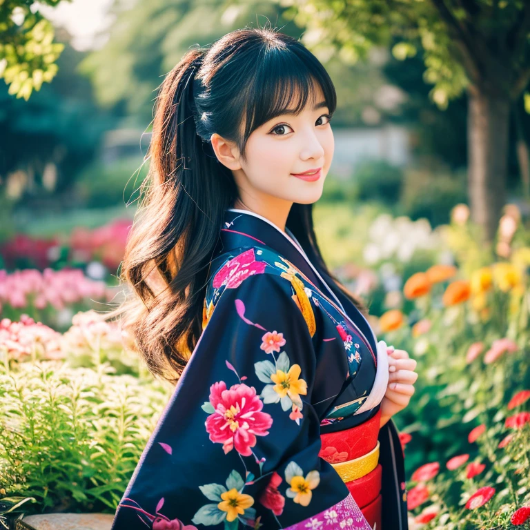 1 girl aged 25-30 years,Bright and beautiful demeanor, Long hair floats up,blown up, The sun shines brightly., sexy, flower garden, Red, black, dark blue, traditional kimono,, Masterpiece, best quality, Highly detailed 16k, Take photos with a high quality camera 45,000,000 pixels