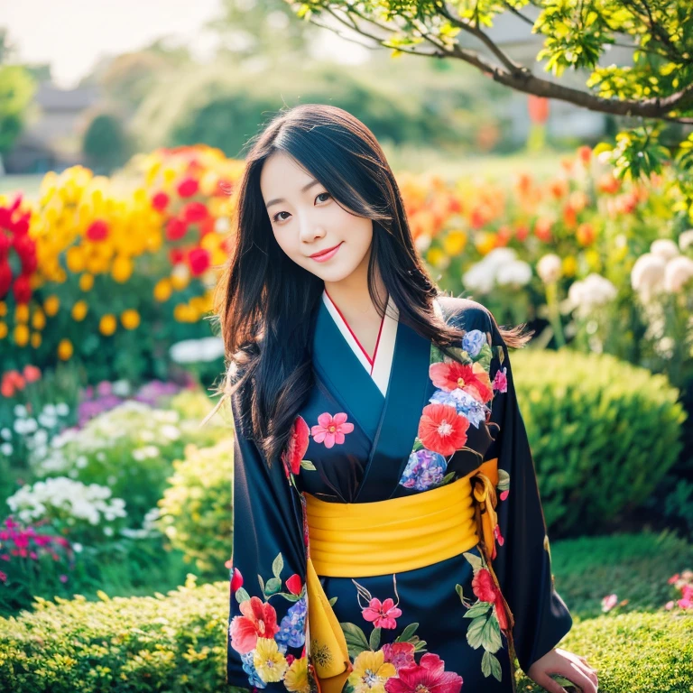 1 girl aged 25-30 years,Bright and beautiful demeanor, Long hair floats up,blown up, The sun shines brightly., sexy, flower garden, Red, black, dark blue, traditional kimono,, Masterpiece, best quality, Highly detailed 16k, Take photos with a high quality camera 45,000,000 pixels