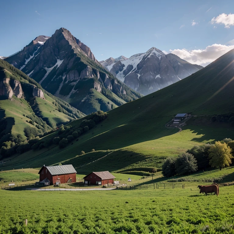 two farms between tall mountains
