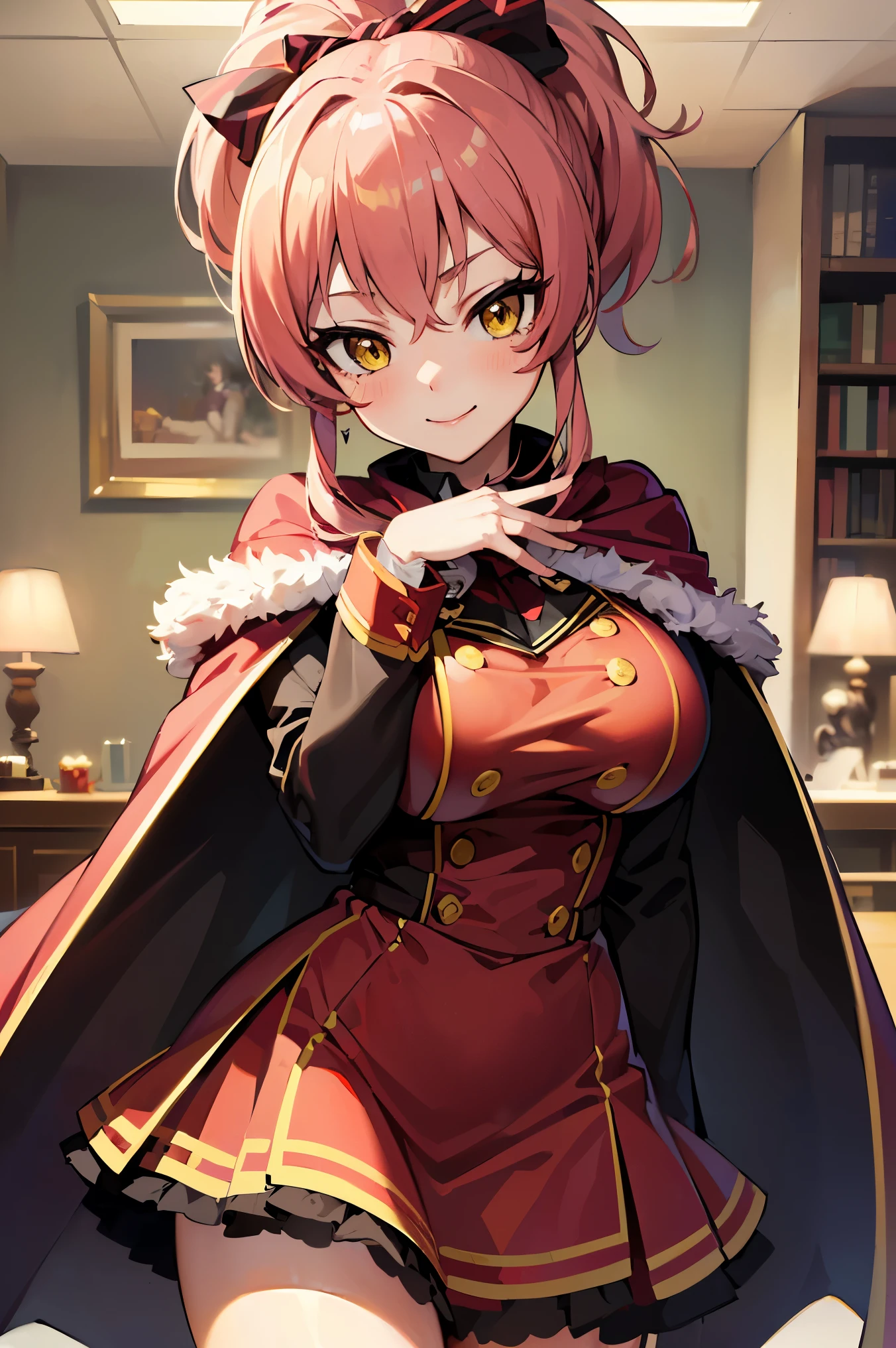 (masterpiece, best quality:1.2),1girl,mature female,pale skin,huge breasts:1.49,mikajougasaki, mika jougasaki, hair bow, long hair, pink hair, (yellow eyes:1.5), ponytail,(red dress with a red cape:1.2), eye details,teasing smile, clean detailed anime art,high resolution, (perfect hands, perfect anatomy),