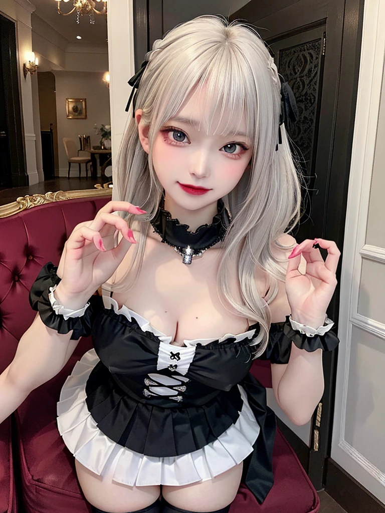 (8K, Photorealistic, Raw photo, of the highest quality: 1.3), (1girl in), Super beautiful, (Realistic face), (boyish, Silver Color Berry Shorthair), Beautiful , Glare that captivates the viewer, Beautiful expression, Beautiful breasts, (Realistic skin), Be...Super high quality, super high definition, super detailed, masterpiece, 20years old, female, cute, perfect face, beautiful, gothic ta clothes, gothic loliashion, frilly skirt, headdress, necklace, bracelet, knee-high socks, boots, double eyelids, tear bags, Detailed down to the fingers, photo-like description, indoors, dim indoor lighting, blonde hair, pony tail, standing, whole body, composition that shows the whole body, smiling,Optimal ratio of 4 fingers and 1 thumb