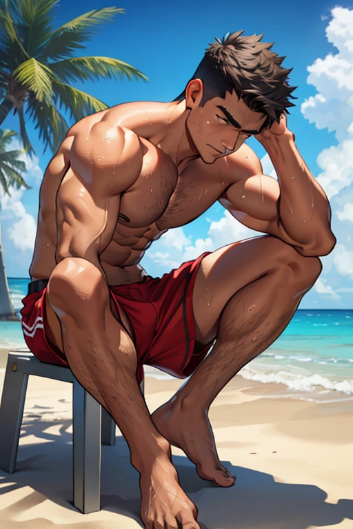 (High definition, 4k, 8K, Ultra-HD, Masterpiece: 1.2), red shorts, bare feet, tanned skin, beach scene, sunny day, palm trees, blue sea in the background, leaning against a palm tree, immersed in thoughts, hand in shorts pocket, distant look, contemplative expression, 10 year old boy, muscular, hairy, sweaty, hands on head, shirtless