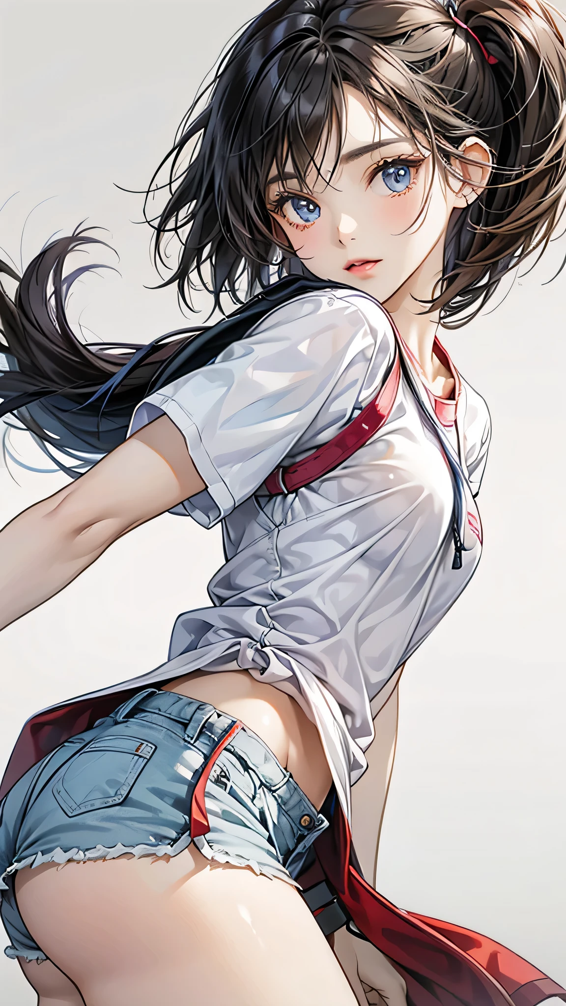Adorable Girl . Very Kawaii , Round Face . Solo , Slim , Medium Breasts , Short Stature . Glossy Skin . Plain White T-shirt . Booty Shorts . Dynamic Pose . Dynamic Angle . No Background , White Background , looking at viewer