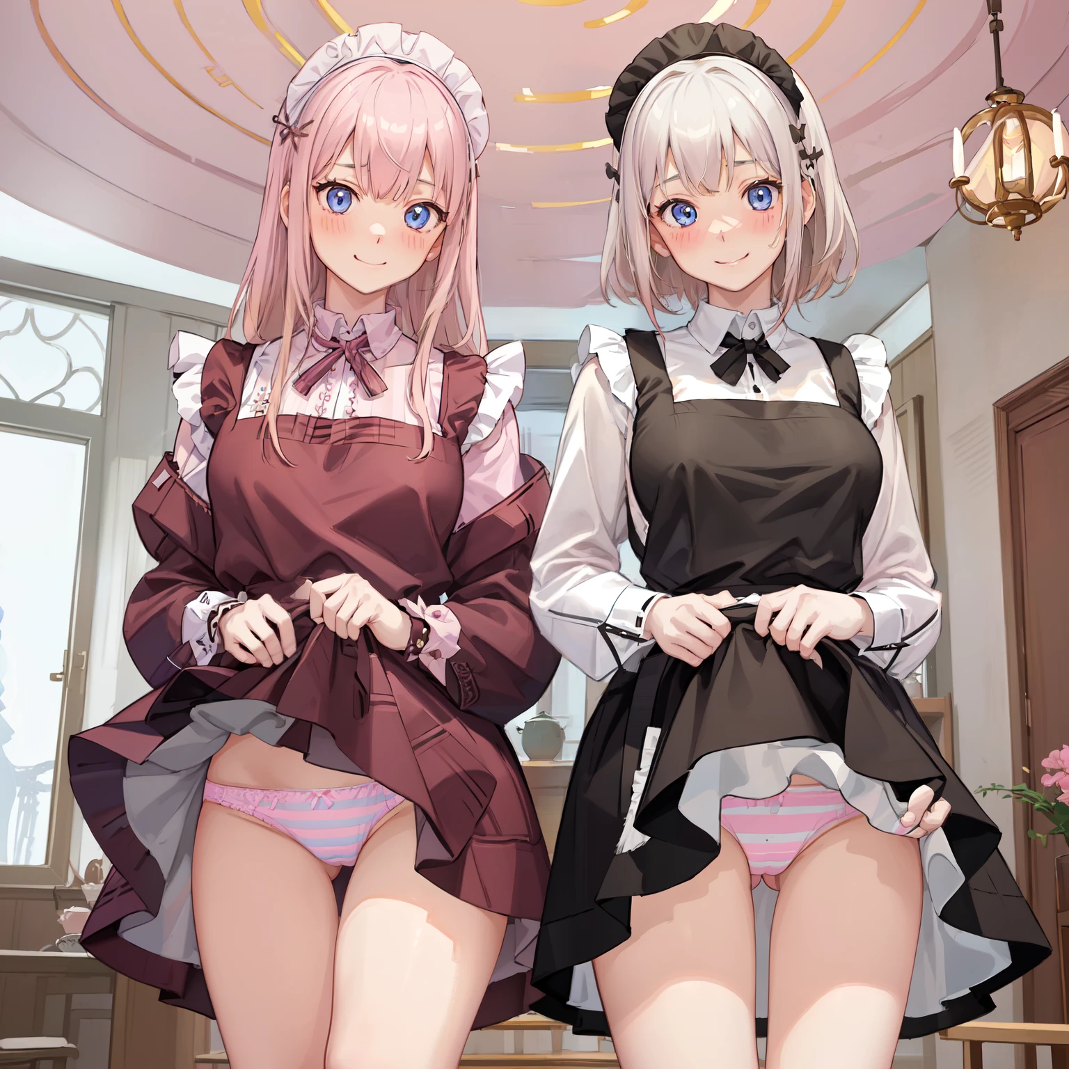 highest quality、masterpiece、((2 girls:1.mile:1.3))、(blush:1.3)、Black Shirt、blouse、((fun!!))、(Small breastsonde、(Long sleeve)、((White apron:1.5))、((Maid))、((hair ornaments)),、Kamimei、look at me、 ((in house:1.5))、 Taking a break from watching the audience、Cowboy Shot、(Skirt lift:1.3),(Highly detailed pink striped panties:1.3)、(detailed panties:1.3)、、(スカート tls up:1.3)、(Panties fully exposed:1.5)、Lue eyes、long hair、Glowing Eyes