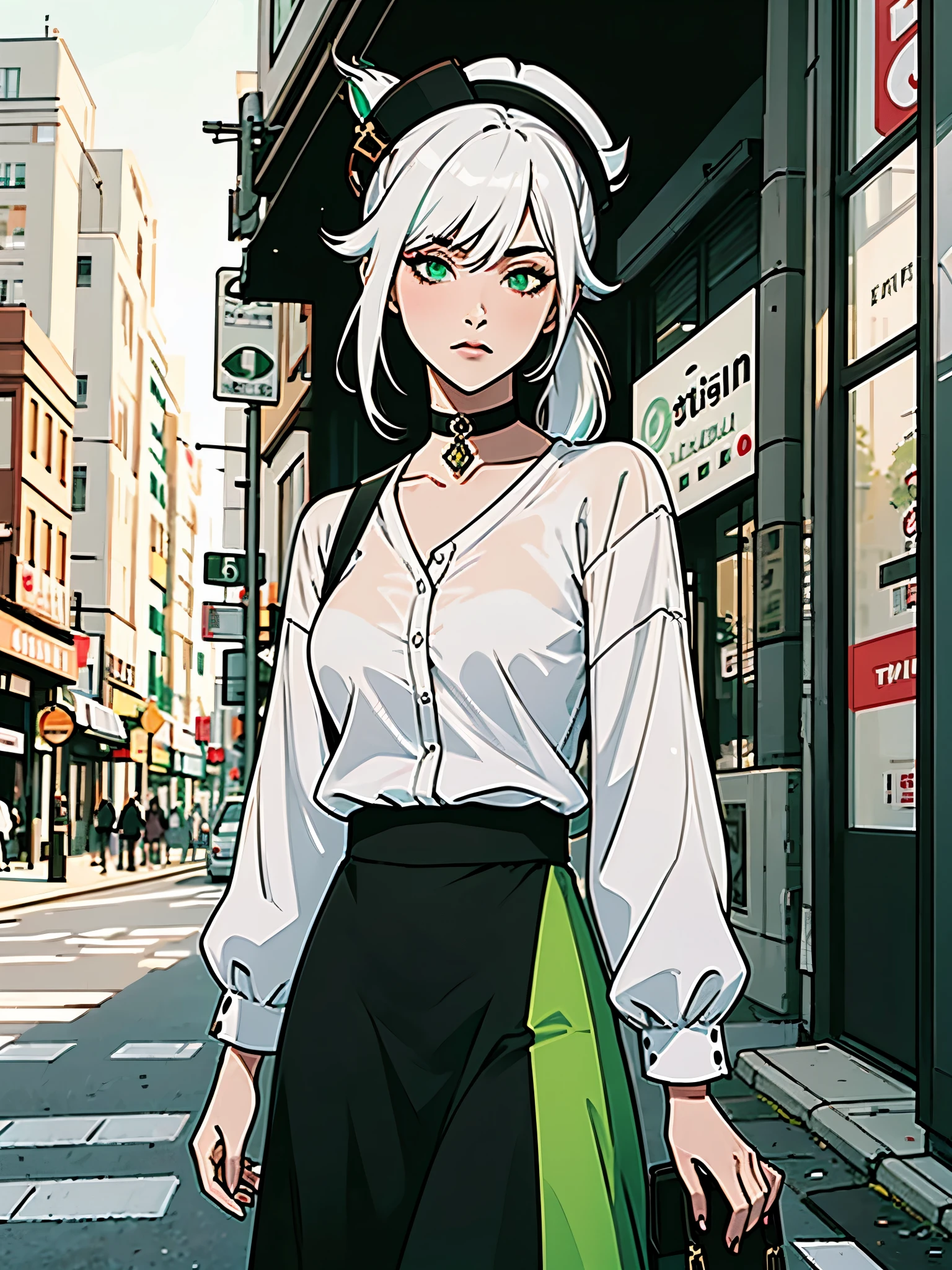 masterpiece , best quality,nahida(genshin impact), 1girl , white shirt:1.5 ,side ponytail ,white hair ,multicolored hair, green eyes,casual outfit , hat , black choker, bag , green hair,busy road , city life