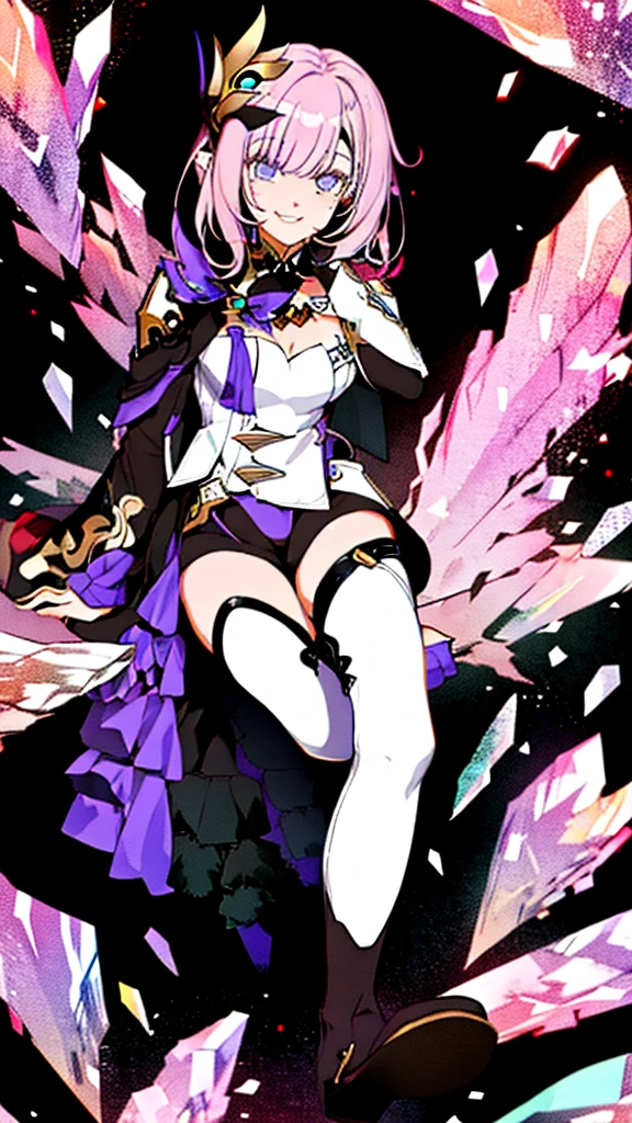 (masterpiece, Flat Color, colorful:1.0), (highest quality:1.2), (Ultra-high resolution:1.1), 1 Girl Elysia \(Miss Pink Elf\) \(honkai impact\),  crystallization,  View Viewer, smile,  Thigh-high boots,