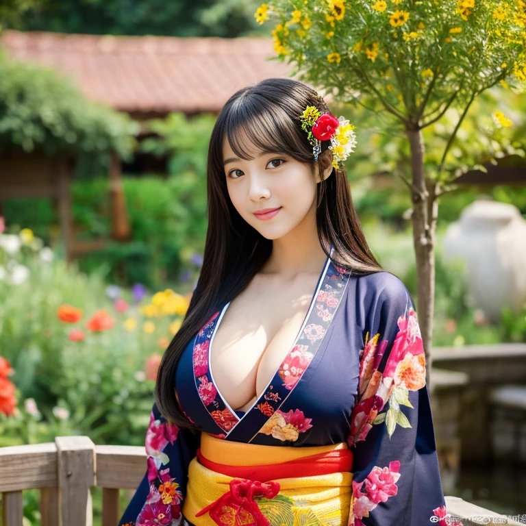 1 girl aged 25-30 years,Bright and beautiful demeanor, Long hair floats up,blown up, The sun shines brightly., big breasts, flower garden, Red, black, dark blue, traditional kimono,, Masterpiece, best quality, Highly detailed 16k, Take photos with a high quality camera 45,000,000 pixels