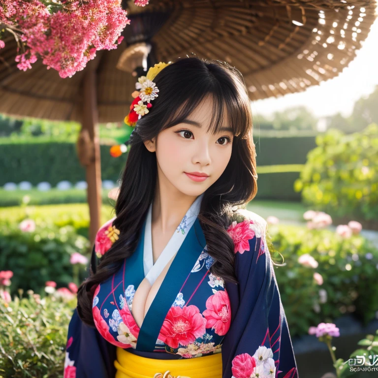 1 girl aged 25-30 years,Bright and beautiful demeanor, Long hair floats up,blown up, The sun shines brightly., sexy big breasts, flower garden, Red, black, dark blue, traditional kimono,, Masterpiece, best quality, Highly detailed 16k,  Take photos with a high quality camera 45,000,000 pixels