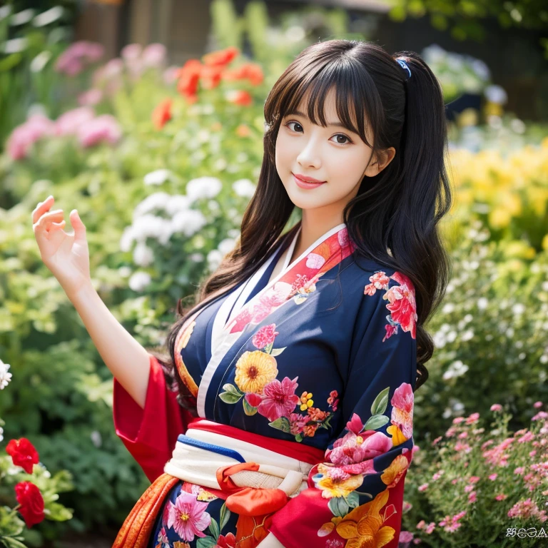 1 girl aged 25-30 years,Bright and beautiful demeanor, Long hair floats up,blown up, The sun shines brightly., sexy big breasts, flower garden, Red, black, dark blue, traditional kimono,, Masterpiece, best quality, Highly detailed 16k,  Take photos with a high quality camera 45,000,000 pixels