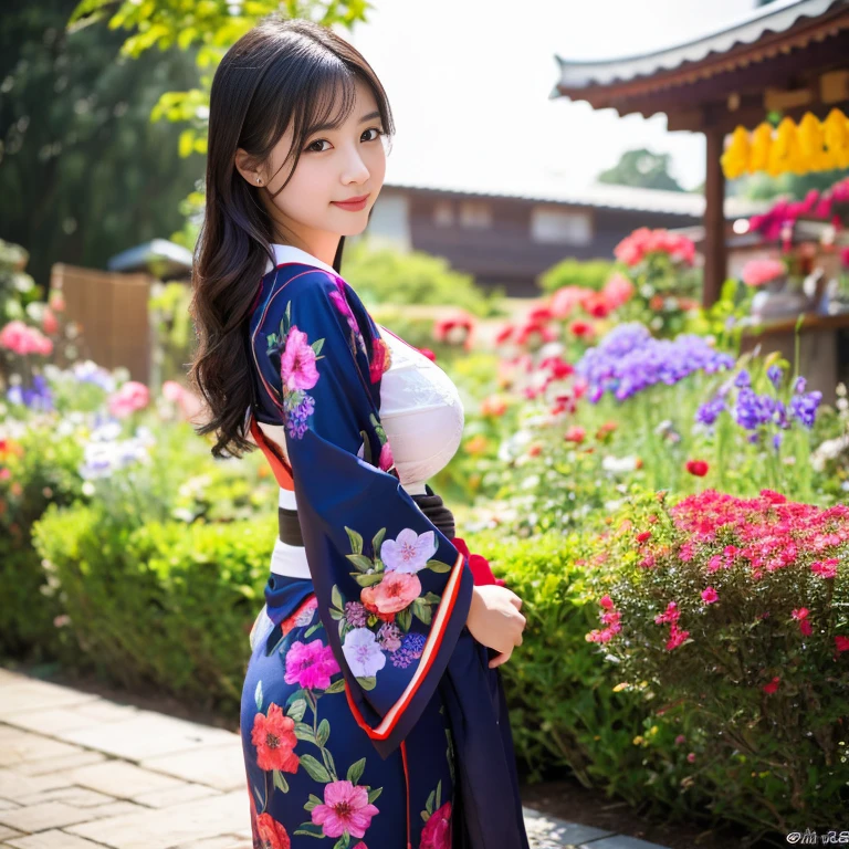 1 girl aged 25-30 years,Bright and beautiful demeanor, Long hair floats up,blown up, The sun shines brightly., sexy big breasts, flower garden, Red, black, dark blue, traditional kimono,, Masterpiece, best quality, Highly detailed 16k,  Take photos with a high quality camera 45,000,000 pixels