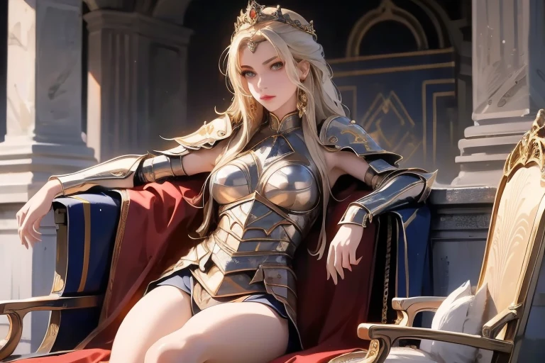 ,goddess, Queen,，sit on the chair，whole body，Long hair, Phenomenal aesthetics, 最OK品質, Gorgeous artwork,Red Gold, , White lace underwear，For the audience，Striking action poses，Well-proportioned body，Vest line，Full breasts，Delicate face, Perfect face, masterpiece, OK, 
