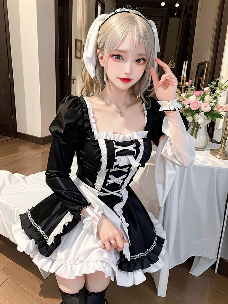 (8K, Photorealistic, Raw photo, of the highest quality: 1.3), (1girl in), Super beautiful, (Realistic face), (boyish, Silver Color Berry Shorthair), Beautiful , Glare that captivates the viewer, Beautiful expression, Beautiful breasts, (Realistic skin), Be...Super high quality, super high definition, super detailed, masterpiece, 20years old, female, cute, perfect face, beautiful, gothic lolita clothes, gothic lolita fashion, frilly skirt, headdress, necklace, bracelet, knee-high socks, boots, double eyelids, tear bags, Detailed down to the fingers, photo-like description, indoors, dim indoor lighting, blonde hair, pony tail, standing, whole body, composition that shows the whole body, smiling,Optimal ratio of 4 fingers and 1 thumb