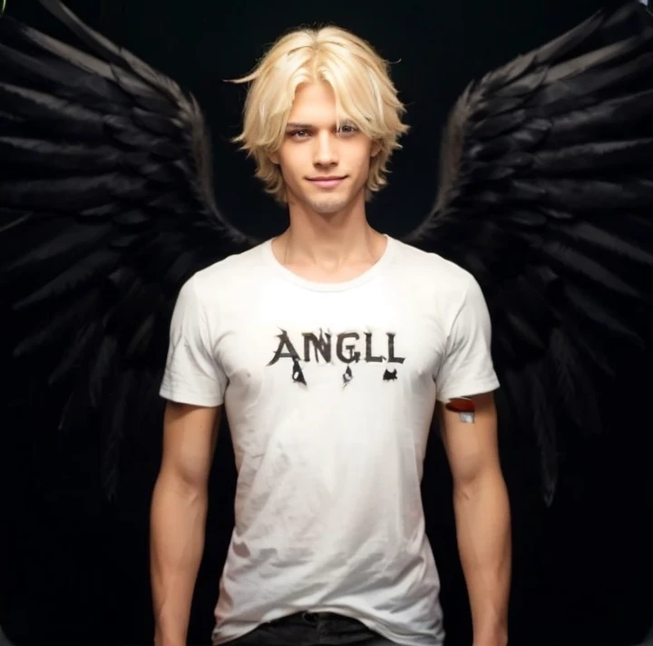 handsome guy, Slim,full length blond, medium length hair, eyes are green, Snide grin, Slightly tanned,white T-shirt with the inscription Angel, black wings behind my back