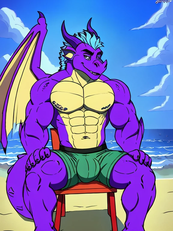 , (((Rampage at the beach wearing green shorts and looking at the ladies at the beach while sitting in the chair, looking at a bunch of people in the distance ))) , big chest, day, sexy, sensual, detailed, uploaded to e621, beautiful and detailed portrait of an anthropomorphic , (((male))) uploaded to e621, zaush, foxovh, movie lighting, , thicc, alone, some muscular build, movie cover, Rampage at the beach wearing no underwear and looking at the ladies at the beach while sitting in the chair, looking at a bunch of people in the distance,rampage, huge , purple dragon with wings and a very tan chest and has light blue hair on his head, huge dick out 