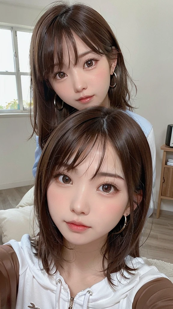 1 female, Brown Hair,Brown eyes, Delicate face, cute, Love Earrings, Tracksuit top and bottom, Playful, Ultra HD, masterpiece, highest quality, Super detailed, Accurate,((wince)),