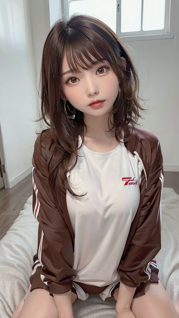 1 female, Brown Hair,Brown eyes, Delicate face, cute, Love Earrings, Tracksuit top and bottom, Playful, Ultra HD, masterpiece, highest quality, Super detailed, Accurate,((wince)),