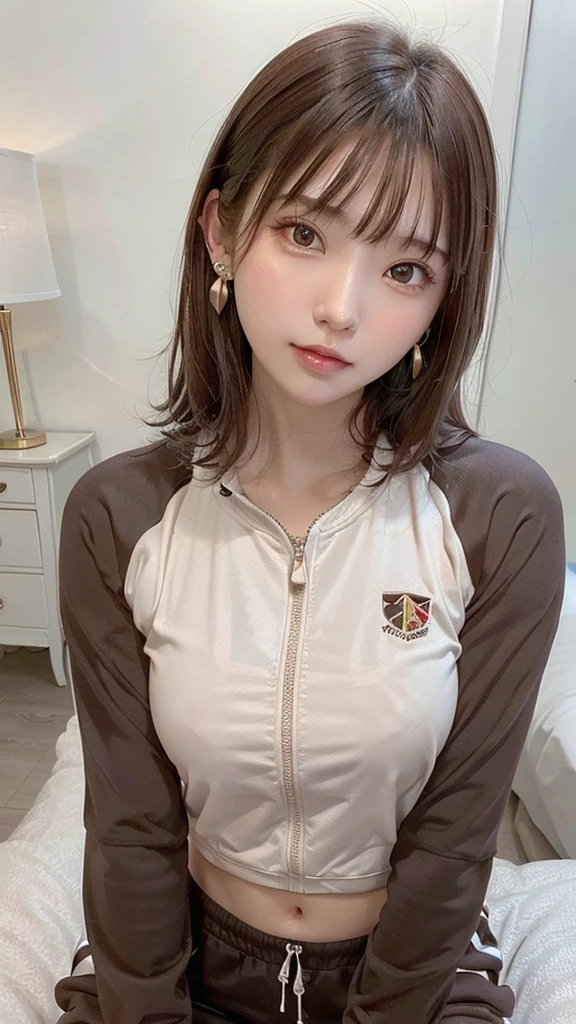 1 female, Brown Hair,Brown eyes, Delicate face, cute, Love Earrings, Tracksuit top and bottom, Playful, Ultra HD, masterpiece, highest quality, Super detailed, Accurate,((wince)),